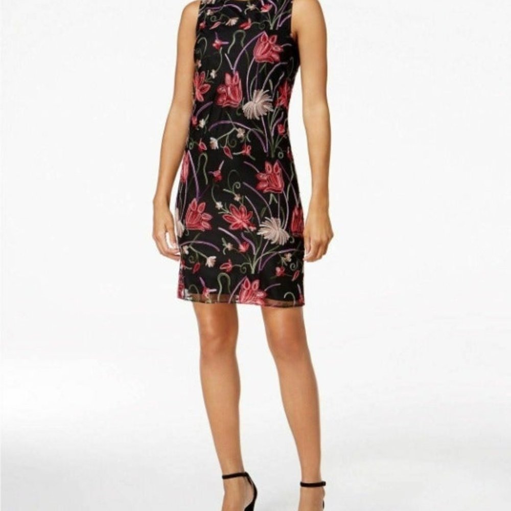 Donna Ricco Floral-Embroidered Sheath Dress Black NWT